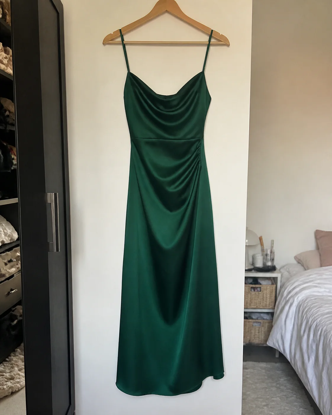 Emerald satin dress campaign image