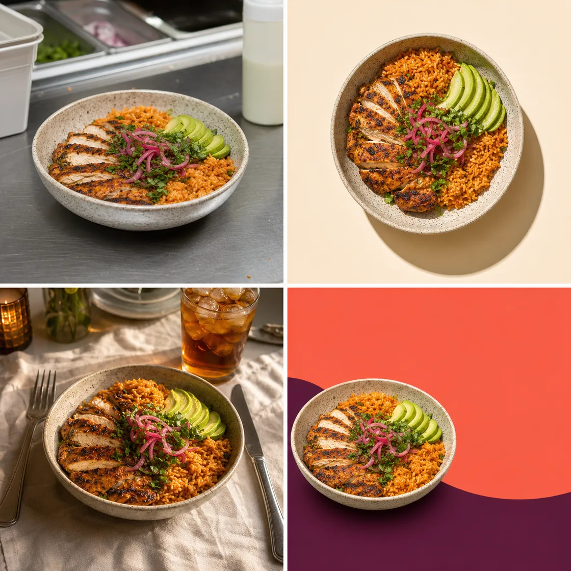 One rice bowl four ways: a phone photo on a kitchen counter, then the same dish on a clean backdrop, on a set table and on a bold brand colour.