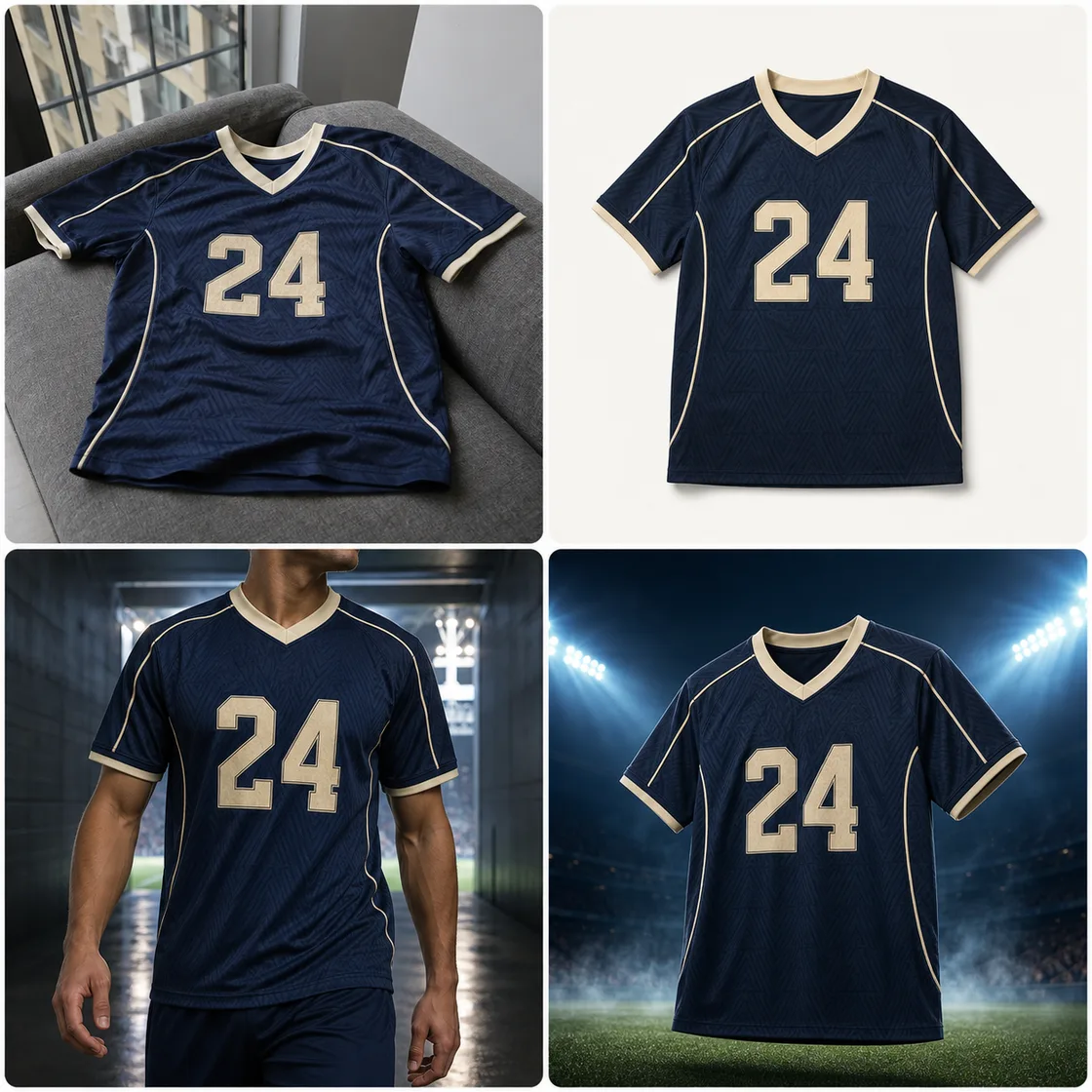 A navy number 24 jersey four ways: laid on a sofa, as a clean product shot, worn by a model, and in a floodlit stadium.